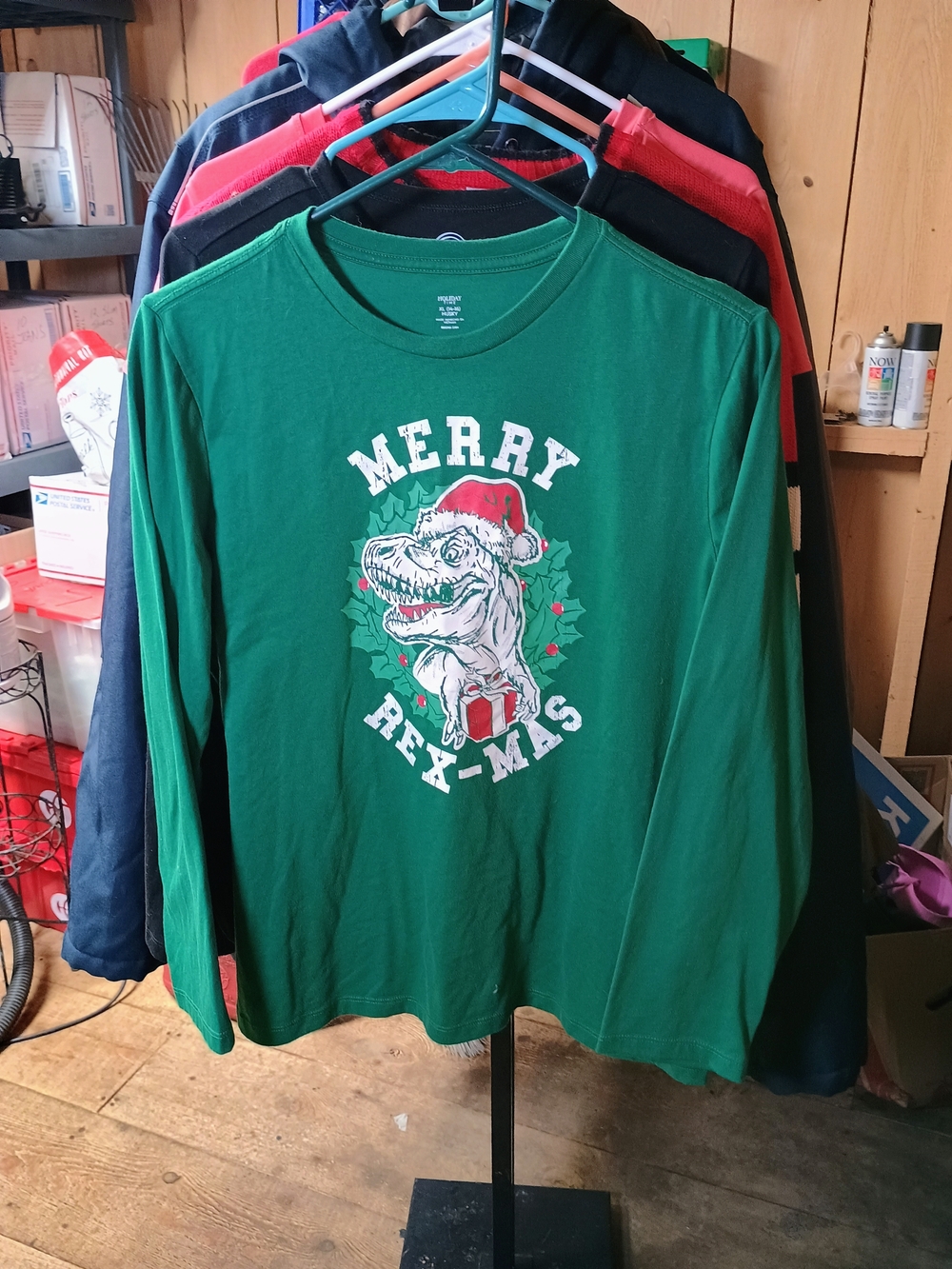 Holiday Time Green "Merry Rex-mas" Long Sleeve Tee Bin 5